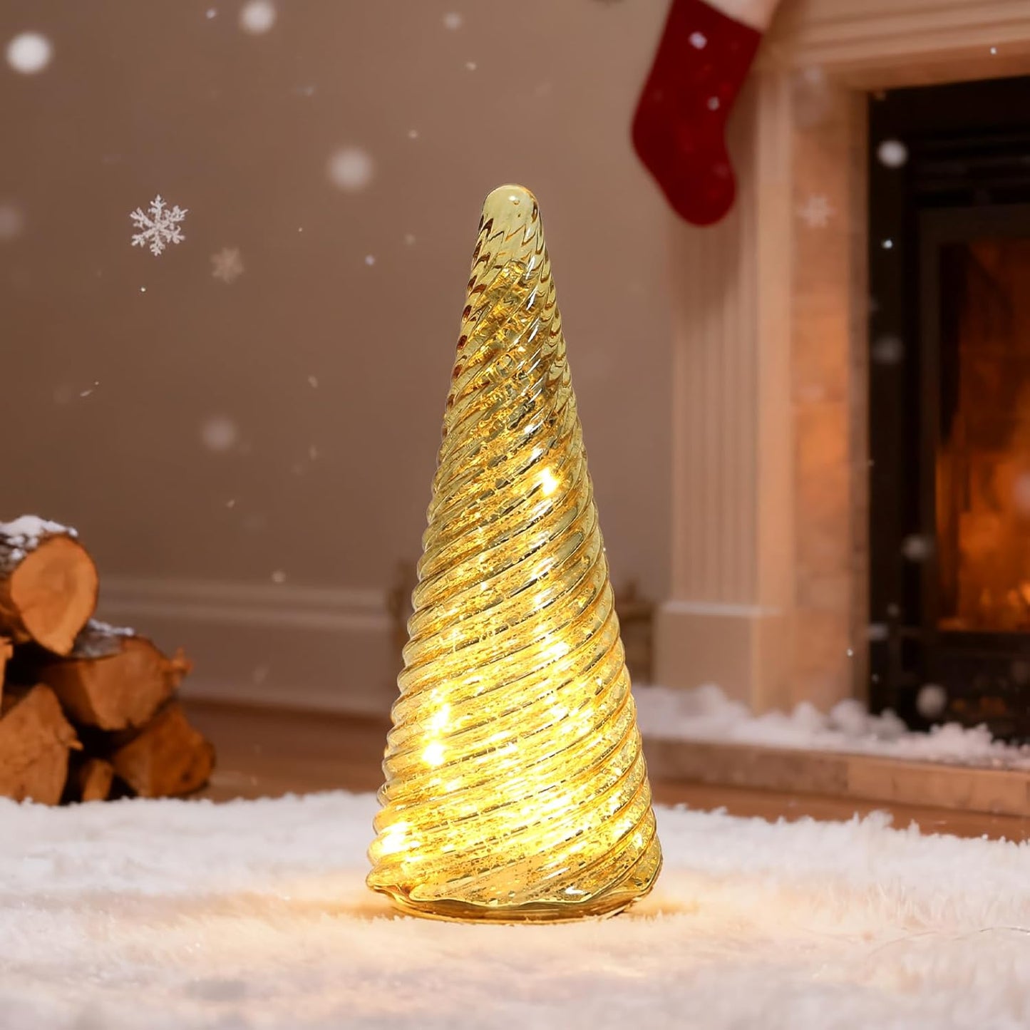 Mercury Glass Christmas Tree Decorations - LED Light Tabletop Decor for Home | Battery Operated with Timer