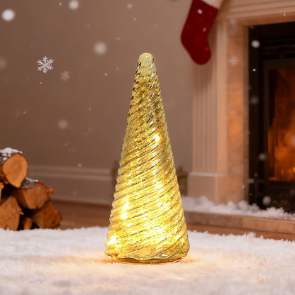Mercury Glass Christmas Tree Decorations - LED Light Tabletop Decor for Home | Battery Operated with Timer