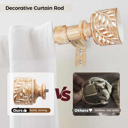 Boho Wood Curtain Rods for Windows 48 to 84 Inch, 1" Diameter Adjustable Heavy Duty Curtain Rod with Imitation Wooden Grain Leaf Pattern Finials, Rustic Decorative Drapery Rods, Size 32"-90"