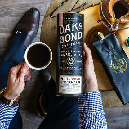 Scotch Whisky Barrel Aged Coffee, Colombia Single Origin Washed Whole Coffee Bean, Medium Roast w/Flavor Notes of Milk Chocolate, Raspberry, Honey, Silky Scotch by Oak & Bond Coffee Co. – 10oz.