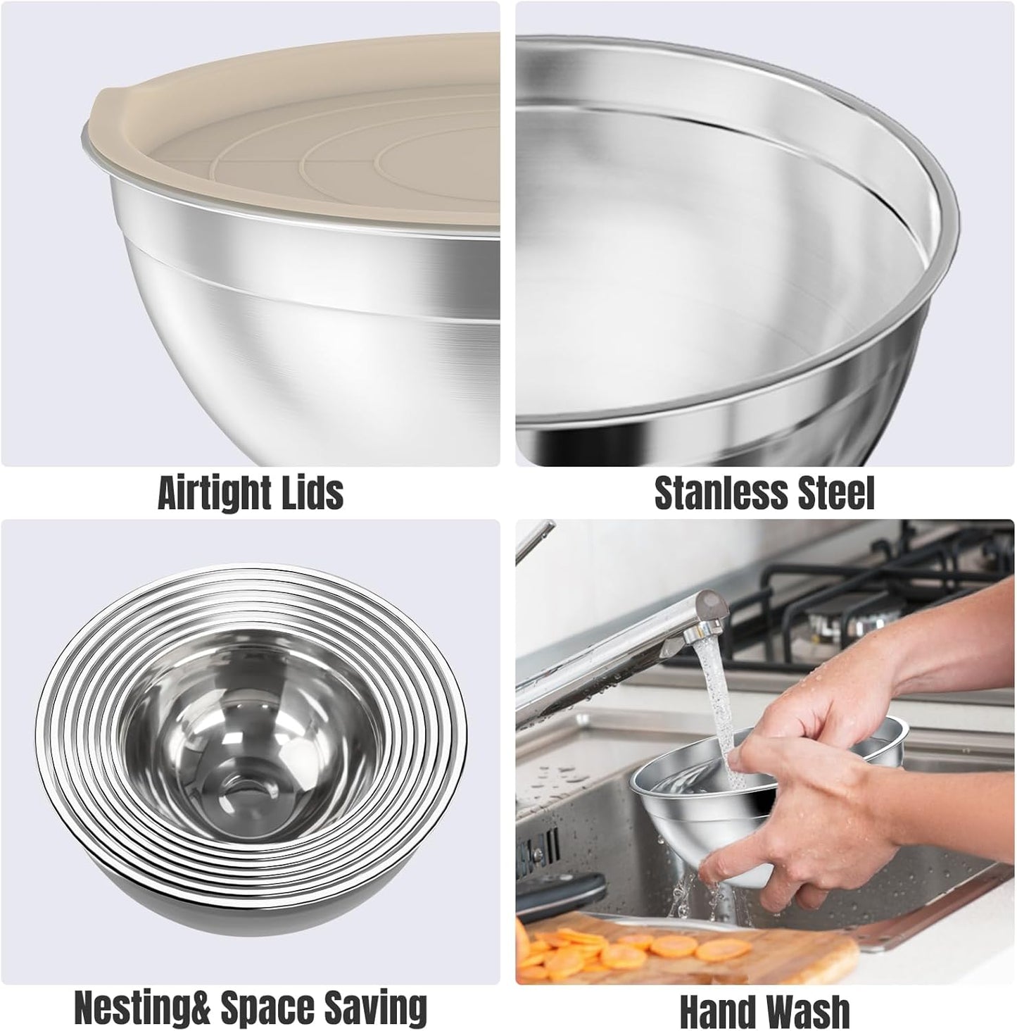 Stainless Steel Mixing Bowls Set by [Brand Name] - 7-Piece with Lids & Grater Attachments | Perfect for Cooking & Baking, Khaki