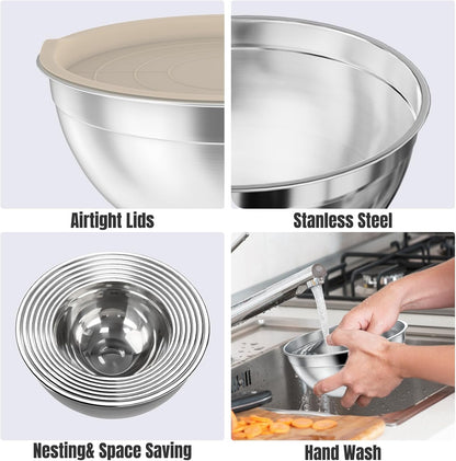 Stainless Steel Mixing Bowls Set by [Brand Name] - 7-Piece with Lids & Grater Attachments | Perfect for Cooking & Baking, Khaki