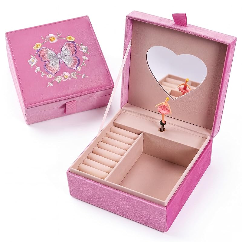 PinkSheep Pink Butterfly Musical Jewelry Box for Girls – Rings & Accessories Storage