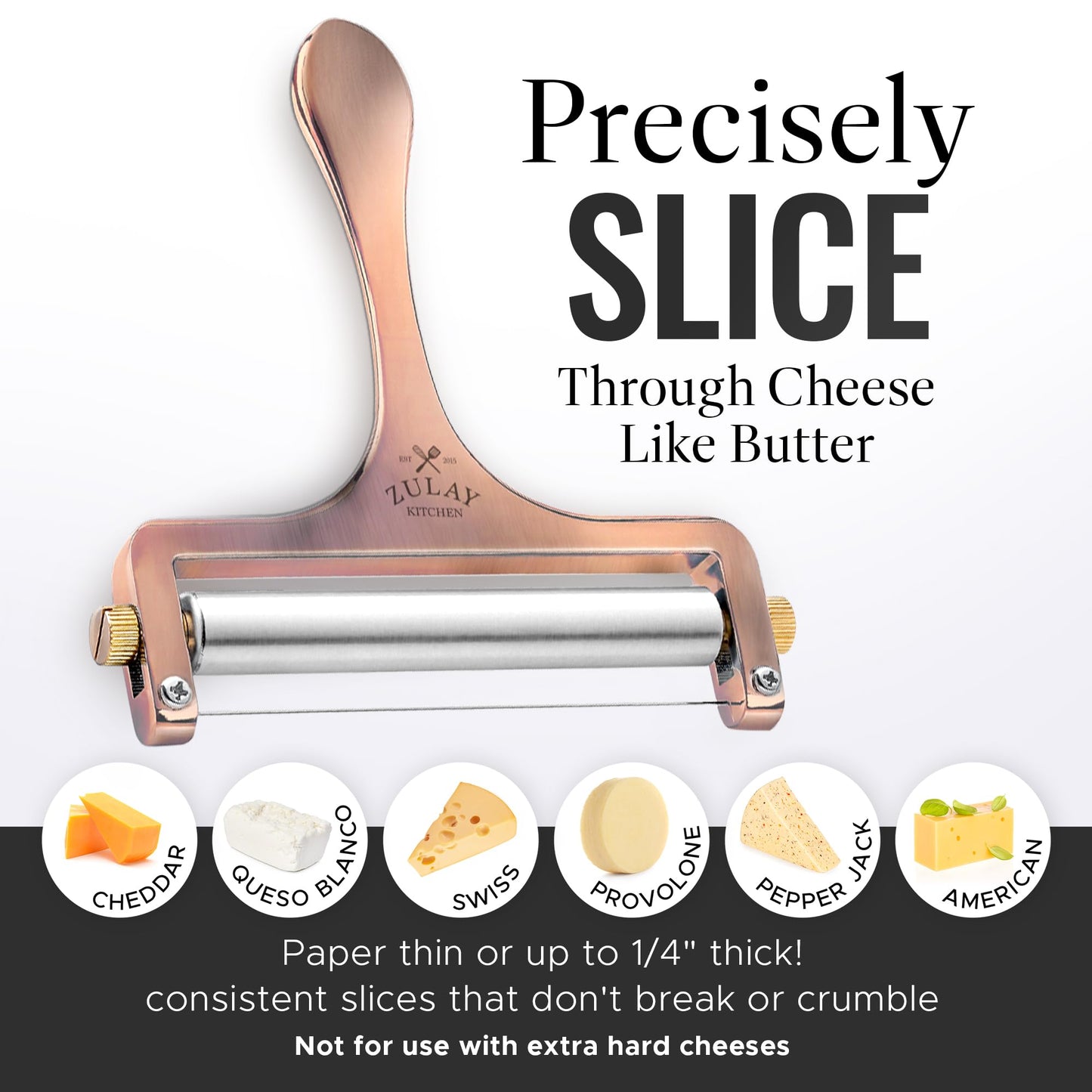 Zulay Cheese Slicer With Adjustable Thickness - Wire Cheese Slicer For Mozzarella Cheese, Cheddar Cheese, Gouda Cheese - Cheese Slicers For Block Cheese Heavy Duty With 2 Extra Wires (Copper)