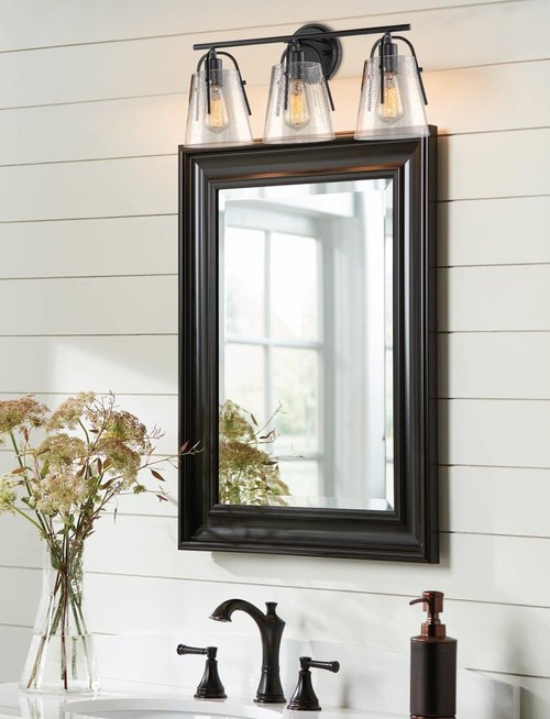 Kira Home Branson 22" 3-Light Modern Farmhouse Vanity/Bathroom Light + Seeded Glass Cone Shades, Black Finish