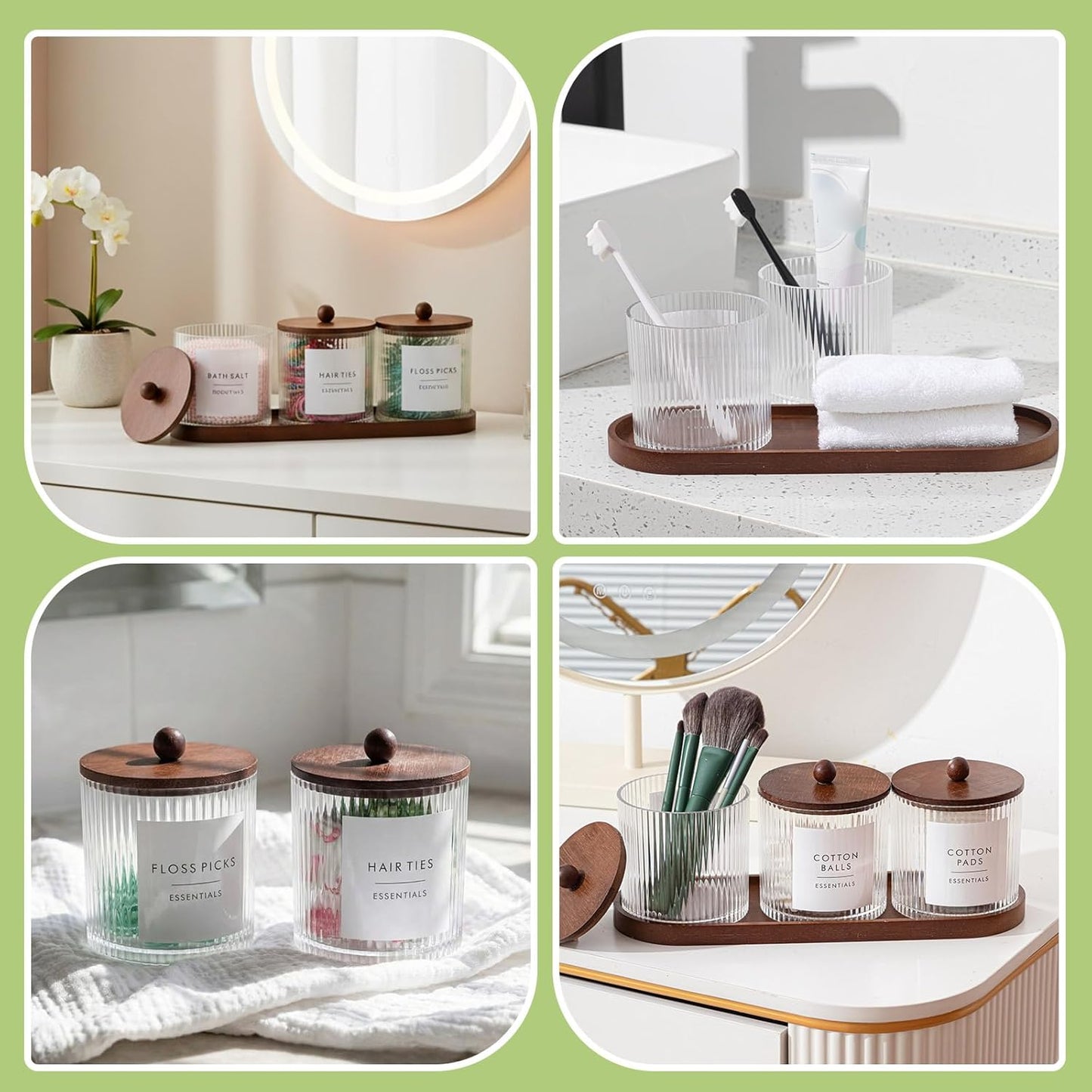 Vesici Bathroom Canisters Set - 6 Ribbed Apothecary Jars with Bamboo Lids & Trays | 18 oz Brown Storage Solution
