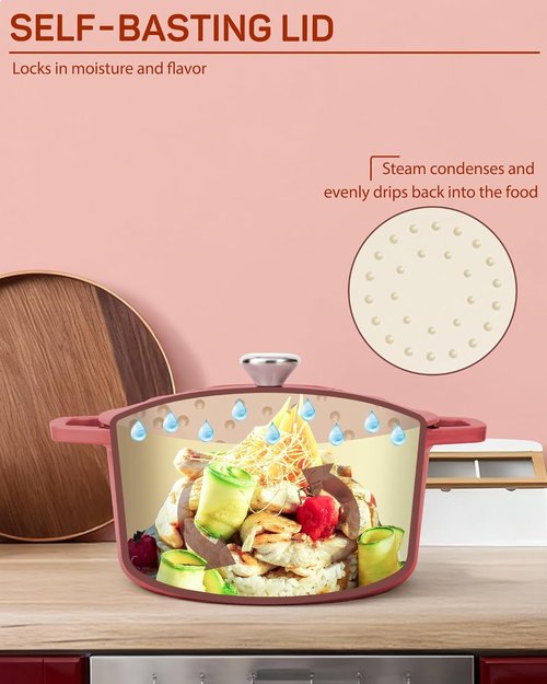 Ciwete Enameled Cast Iron Dutch Oven - 4.4 Quart Heavy-Duty Pot with Lid & Potholders - Ideal for Baking, Braising & Roasting - Oven Safe up to 500°F - Red
