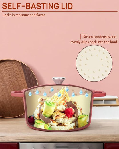 Ciwete Enameled Cast Iron Dutch Oven - 4.4 Quart Heavy-Duty Pot with Lid & Potholders - Ideal for Baking, Braising & Roasting - Oven Safe up to 500°F - Red