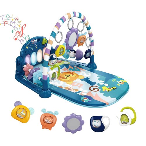 Dearlomum Baby Play Mat - Fun Piano Tummy Time Activity Gym with 5 Sensory Toys | Blue for Newborns 0-12 Months