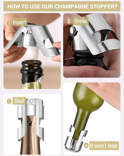 Champagne Stoppers 2 Pack, Leak-Proof Stainless Steel Wine Stopper Saver with Silicone Seal Sparking Wine Saver for Cava, Prosecco and More, Silver