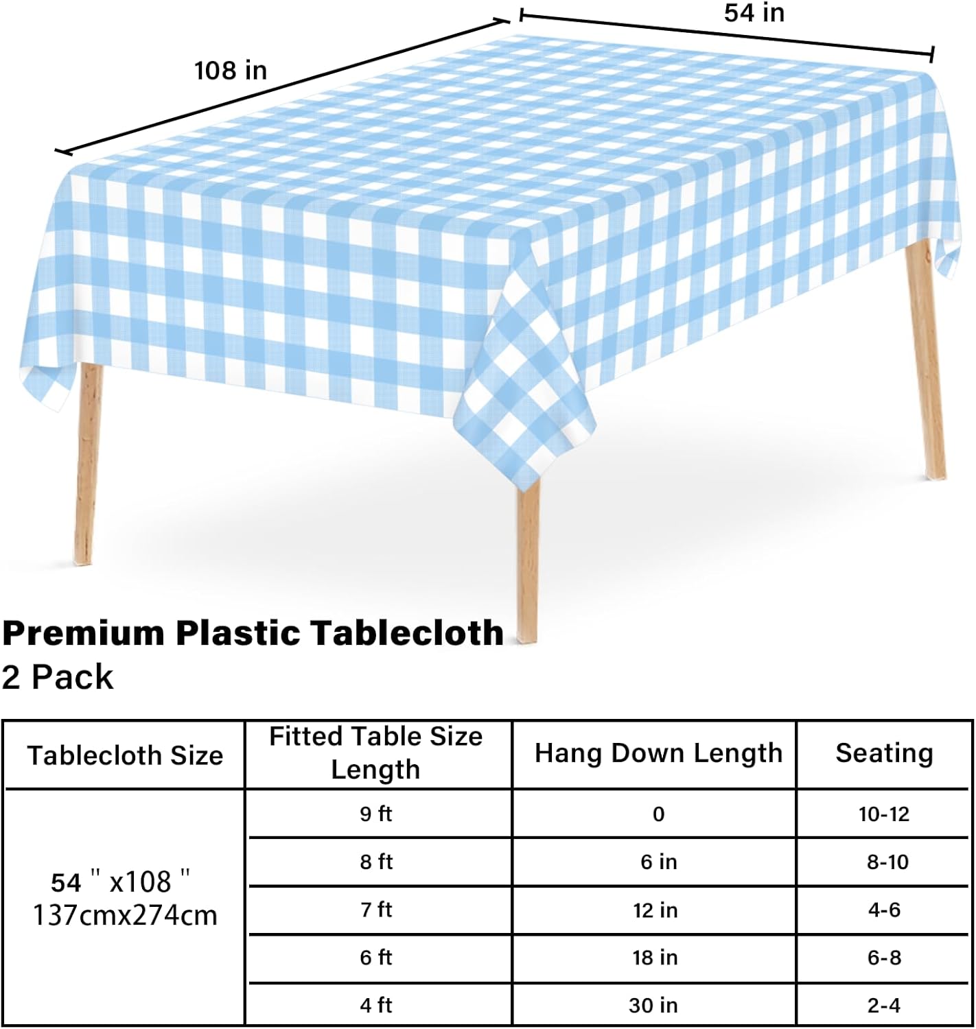 Skiennix Light Blue Checkered Tablecloth - Waterproof Disposable Plastic Cover | 54" x 108" for Picnics & Parties