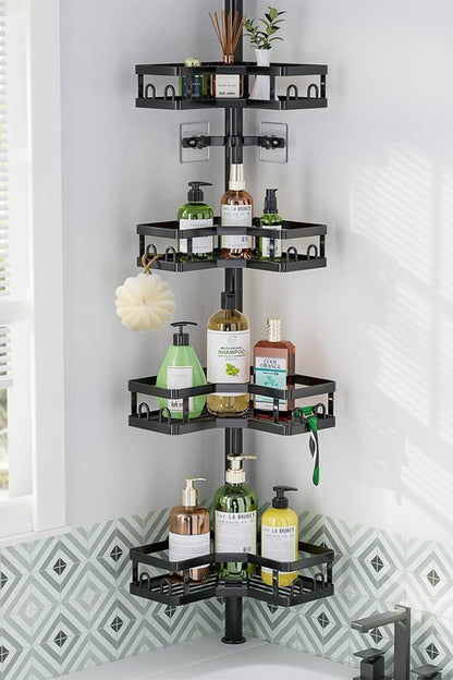 HEVEL Corner Shower Caddy - Adjustable Tension Pole Organizer 62-115 Inch | Rustproof Black Bathroom Storage