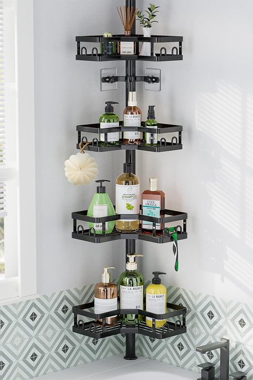 HEVEL Corner Shower Caddy Tension Pole, Adjustable Shower Organizer Corner 62-115 Inch, Rustproof Bathroom Storage Shower Shelves, Black