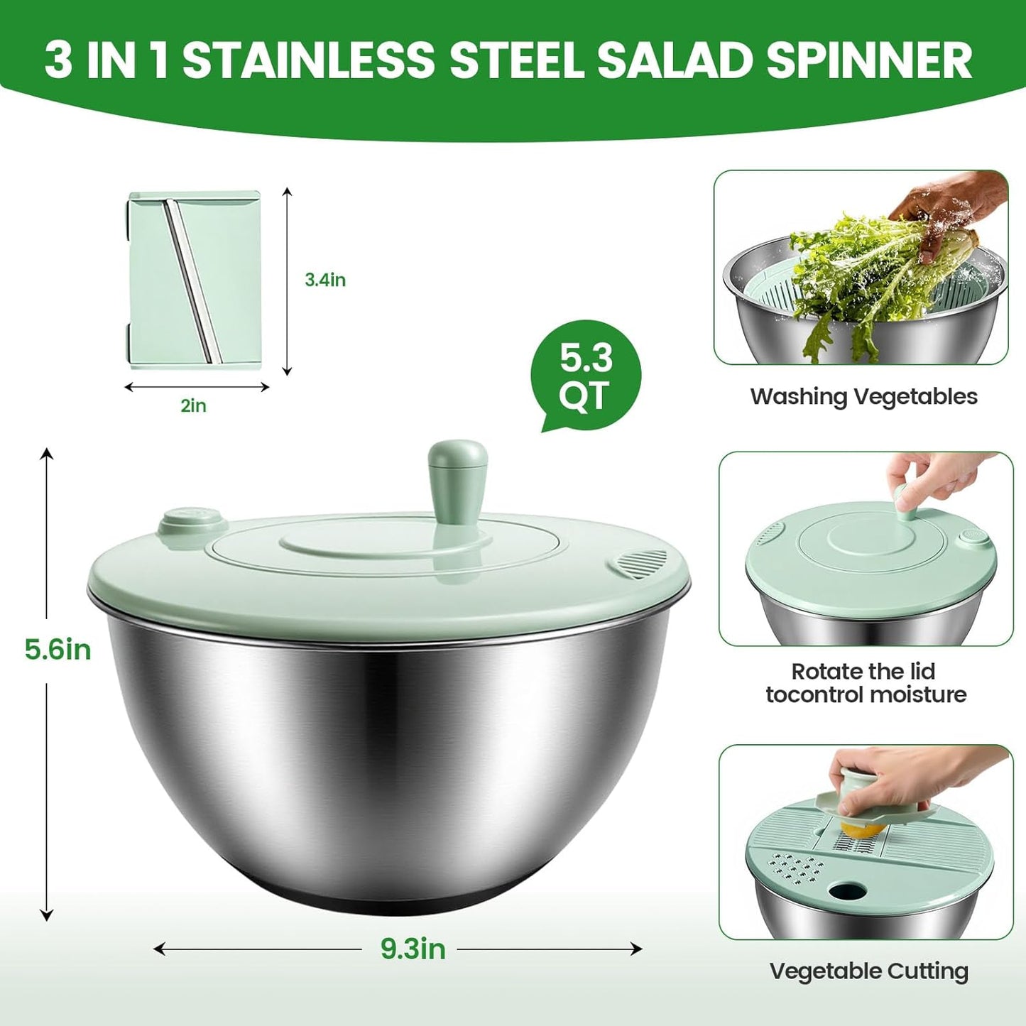 Stainless Steel Salad Spinner - 3-in-1 One-Touch Stop & Non-Slip Base | 5.3 Qt Vegetable Dryer for Healthy Living