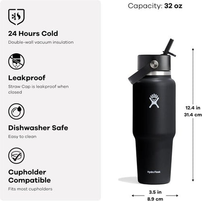 Hydro Flask Travel Water Bottle - Insulated Stainless Steel - Wide Straw Lid, Non Spill, Leakproof in 32 Oz Trillium Pink