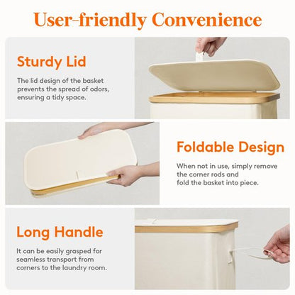Lifewit 65L Slim Laundry Hamper with Lid, Narrow Laundry Basket with Removable Bag & Bamboo Handles, Fodable Thin Dirty Clothes Hamper for Laundry Collapsible Bin for Bathroom Bedroom Dorm, White
