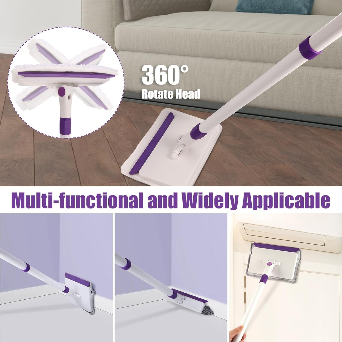 Skiennix Baseboard Cleaner Tool - 60" Extendable Handle with 5 Reusable Pads for Easy Cleaning