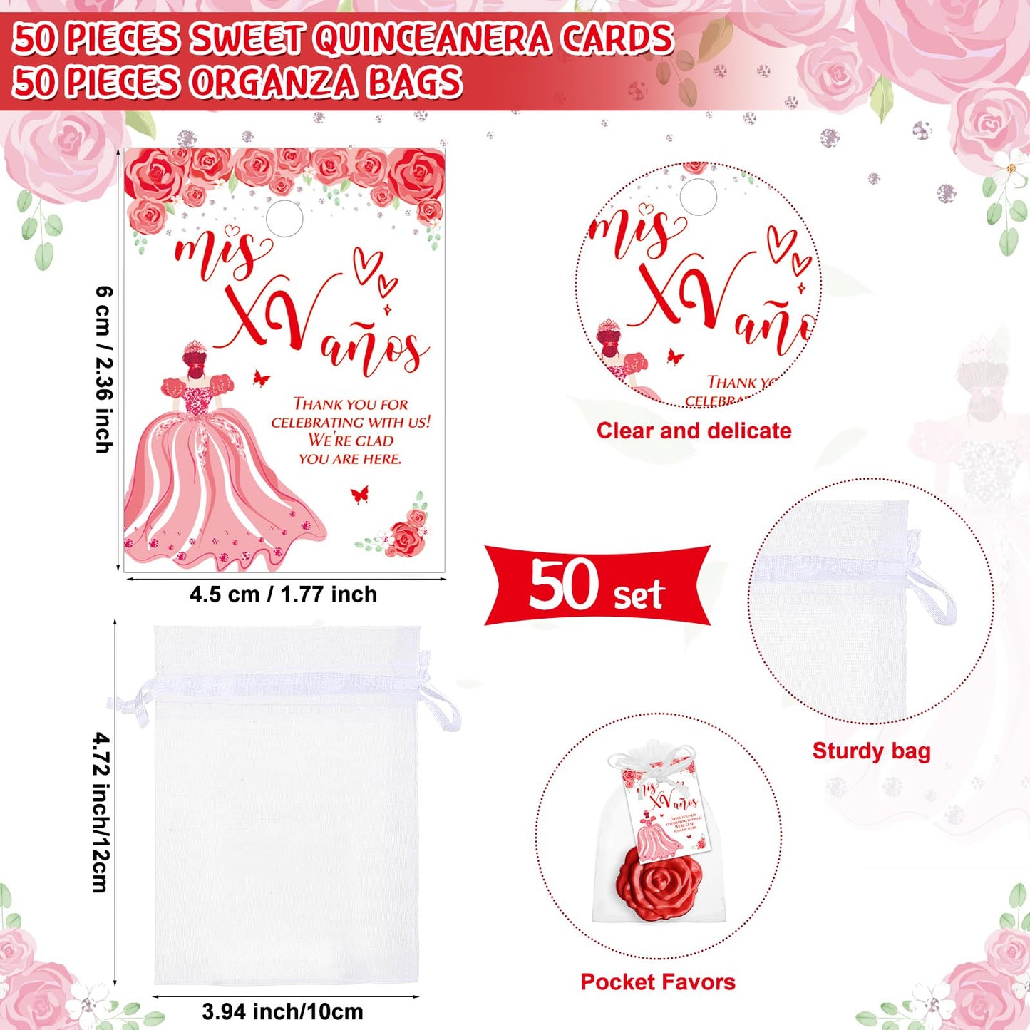 Wenqik 50 Sets Quinceanera Party Favors for Guests Rose Design Compact Pocket Mirrors Quinceanera Cards Thank You Gift and Organza Bags Sweet 15 Mis Quince Birthday Party Favor (Red)