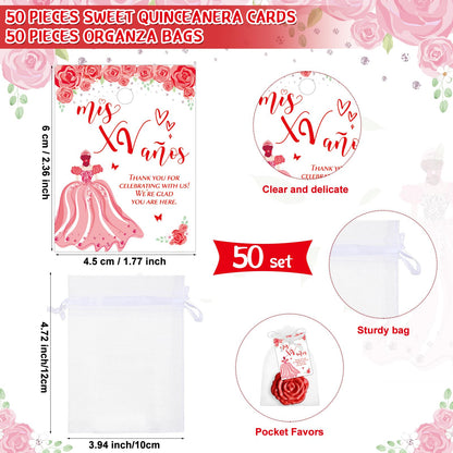 Wenqik 50 Sets Quinceanera Party Favors for Guests Rose Design Compact Pocket Mirrors Quinceanera Cards Thank You Gift and Organza Bags Sweet 15 Mis Quince Birthday Party Favor (Red)