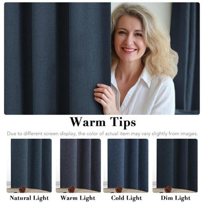 H.VERSAILTEX Linen Curtains 100% Blackout Curtains for Bedroom 90 inch Long Full Light Blocking Nature Linen Blended Window Curtains for Living Room Nickel Grommet (2 Panels, Navy)