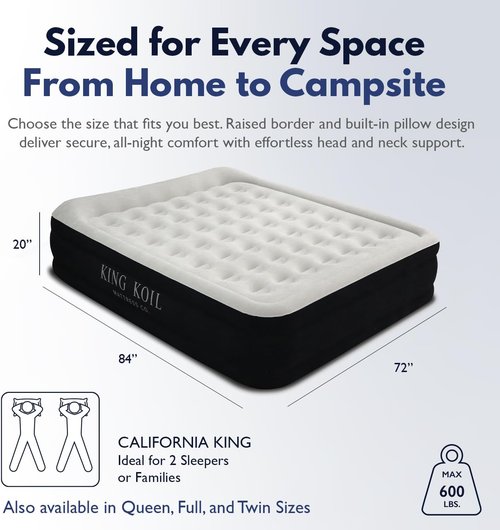 King Koil Luxury Air Mattress - California King Size with Built-in Pump | Waterproof & Adjustable, 20" Double High, Perfect for Home & Camping