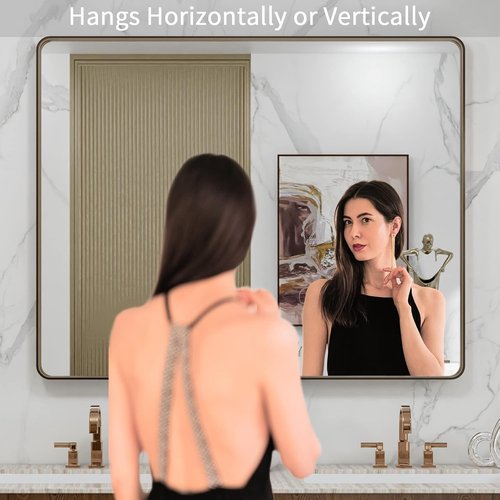 LOAAO Bronze Bathroom Mirror - 40”X32” Rounded Rectangle with Anti-Rust Frame | Hangs Horizontally or Vertically
