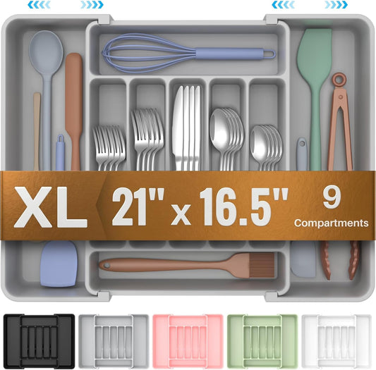 Ukeetap Extra Large Expandable Silverware Organizer - BPA-Free Cutlery Holder for Kitchen Drawers | Gray