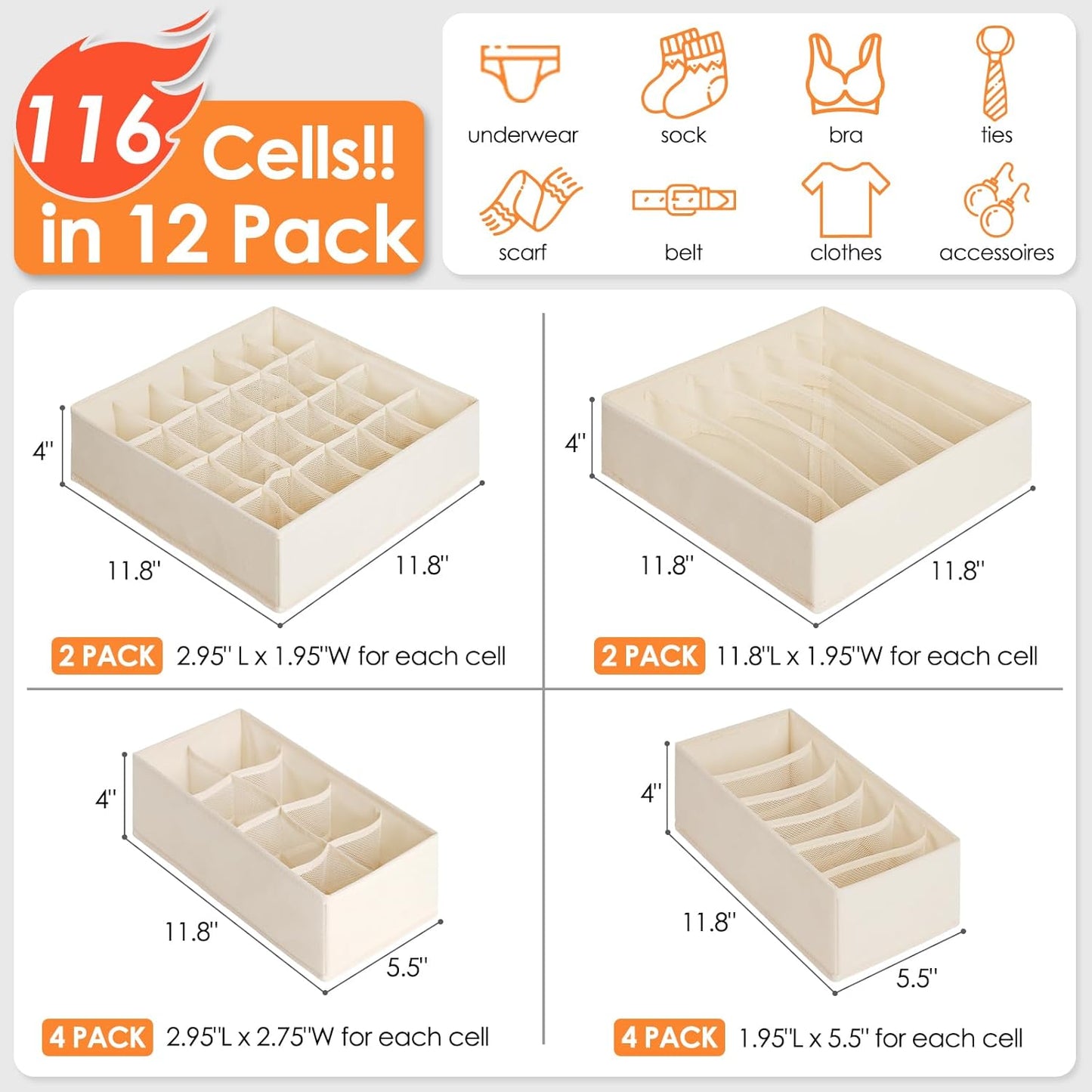 Skiennix Baby Clothes Organizer - 12 Pack Fabric Foldable Storage Bins for Nursery | 116 Cells for Clothing & Accessories