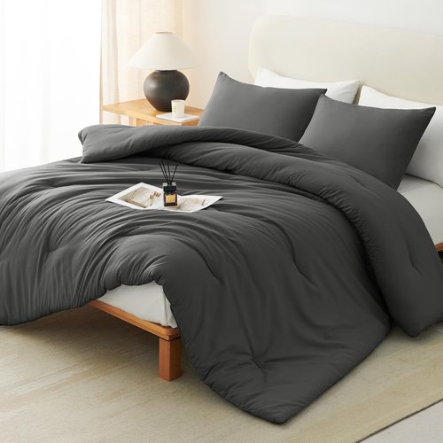 CozyLux Queen Comforter Set Dark Grey, 3 Pieces Solid Comforters Queen Size Breathable Quilted Bedding Sets, Dark Gray Luxury Soft Lightweight Bed Set with Down Alternative Comforter and 2 Pillowcases