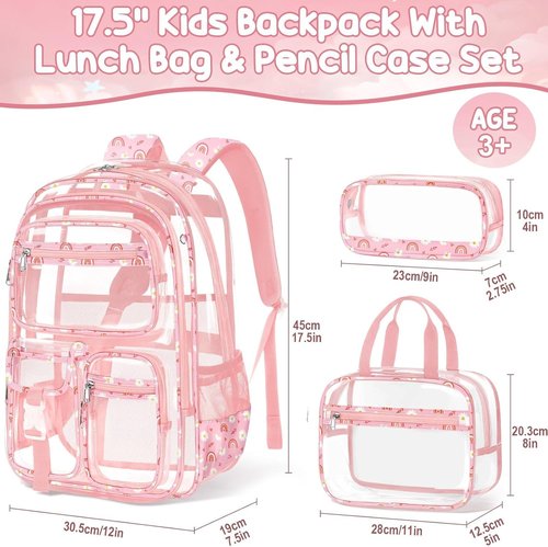 Fimibuke Clear Backpack - 3PCS Heavy Duty PVC Set with Lunch Box & Pencil Case | Cute Toddler Bookbag for School