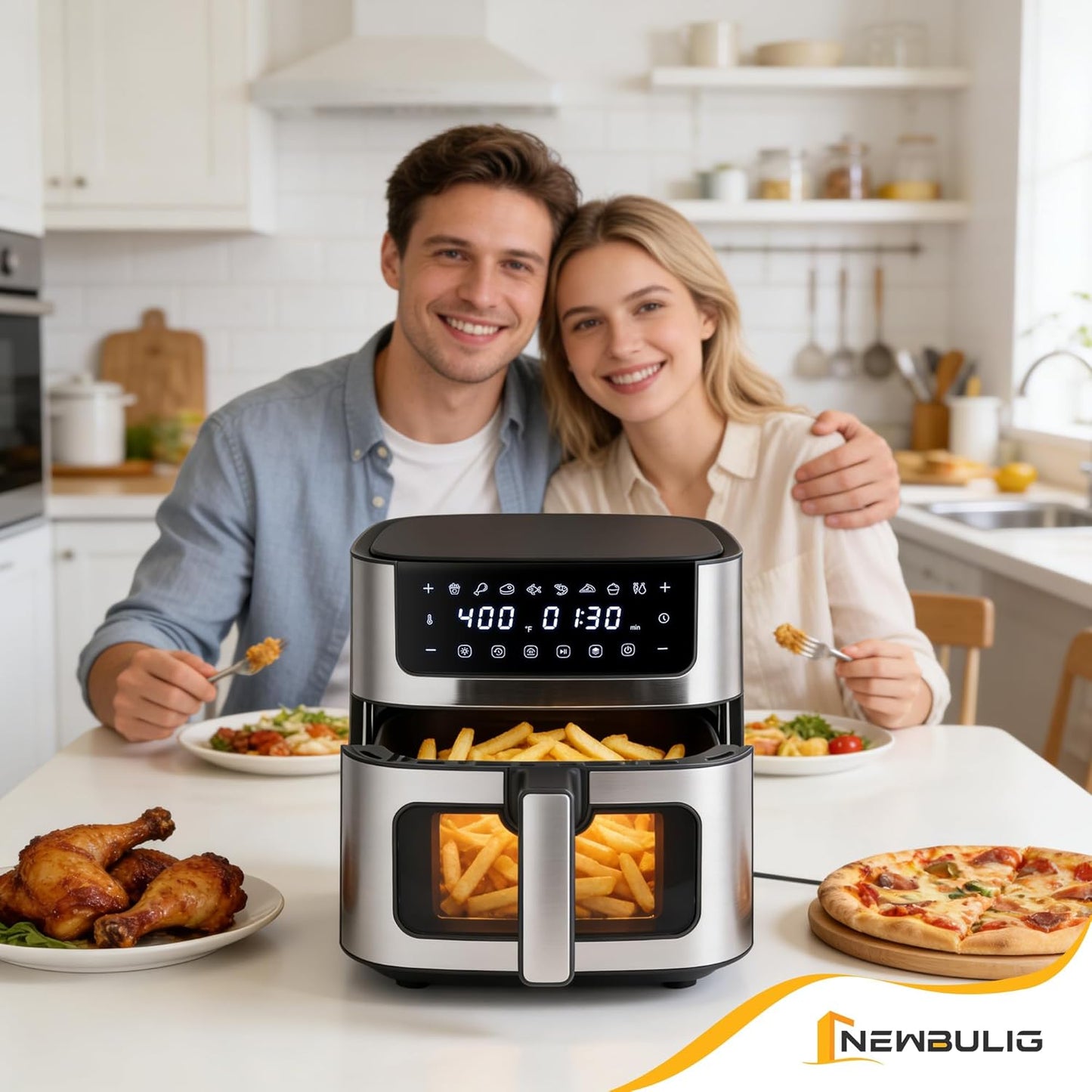 NEWBULIG Air Fryer 6.34QT - Fast Heating Air Fryer with Visible Window & Nonstick Basket | 8-in-1 Cooking Presets, Black