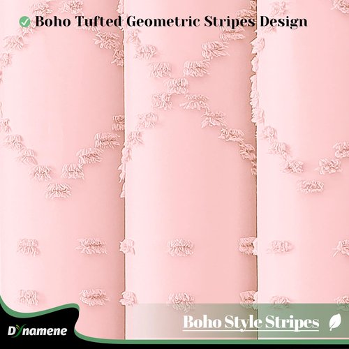 Dynamene Pink Fabric Shower Curtain, Boho Tufted Geometric Striped Tassel Shower Curtain for Bathroom, Shabby Chic Textured Modern Farmhouse Waterproof Cloth Shower Curtain Set, Wrinkle Free, 72x72