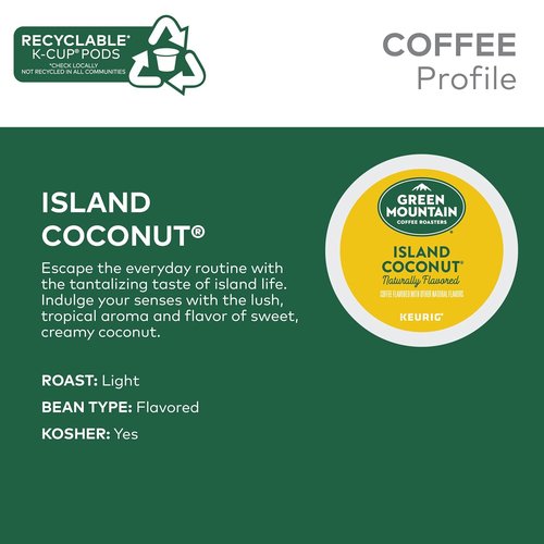 Green Mountain Coffee Roasters Island Coconut K-Cup Pods - Flavored Light Roast Coffee, 24 Count