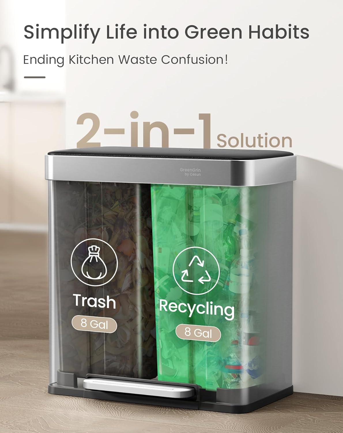 Cesun GreenGrin Dual Compartment Kitchen Trash Can - 2x8 Gallon Stainless Steel Garbage Bin with Lid & Recycling Flap | 30L Each