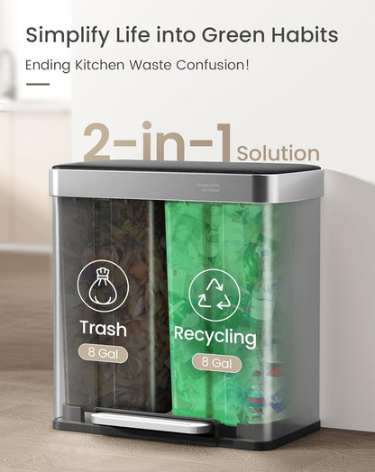 Cesun GreenGrin Dual Compartment Kitchen Trash Can - 2x8 Gallon Stainless Steel Garbage Bin with Lid & Recycling Flap | 30L Each