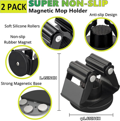 ULIBERMAGNET Magnetic Mop Broom Holder - Heavy Duty Wall-Mounted Storage Rack | Anti-Slip Design (2 Pack, Black)