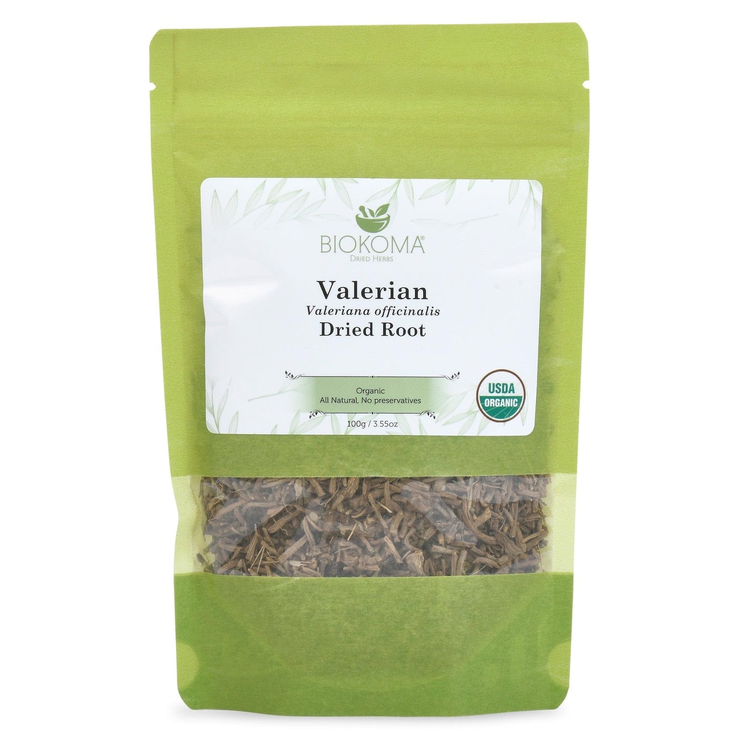 Biokoma Pure and Organic Valerian Dried Root 100g (3.55 oz) in Resealable Moisture Proof Pouch, USDA Certified Organic - Herbal Tea, No Additives, No Preservatives, No GMO