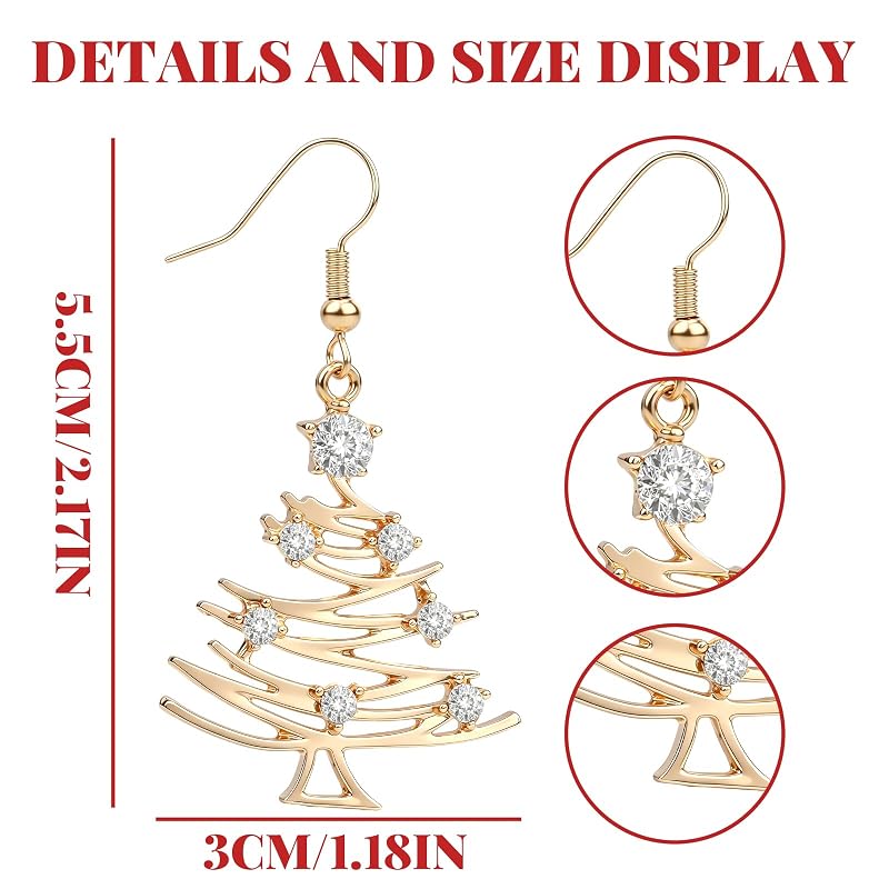Christmas Tree Dangle Earrings for Women - Rhinestone Holiday Jewelry