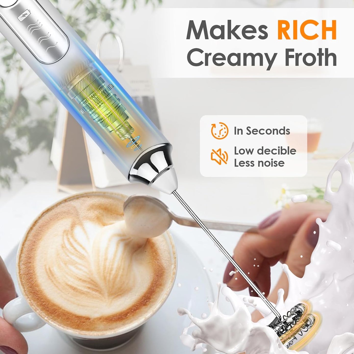Skiennix Handheld Milk Frother - Rechargeable Electric Foam Maker with 3 Speeds & 2 Whisks | Ideal for Lattes, Cappuccino, Matcha