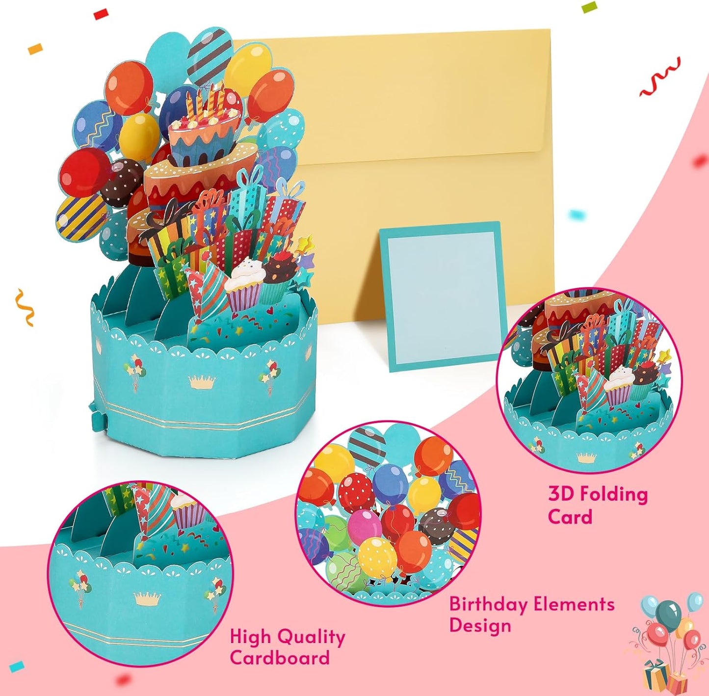 Soleebee 3D Happy Birthday Pop-Up Card - Unique Greeting Card with Blank Note & Envelope