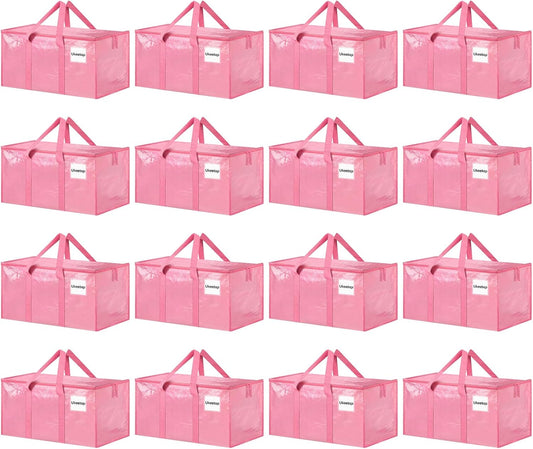 Skiennix Extra Large Heavy-Duty Moving Bags - 16 Pack Pink Storage Bins with Lids & Reinforced Handles