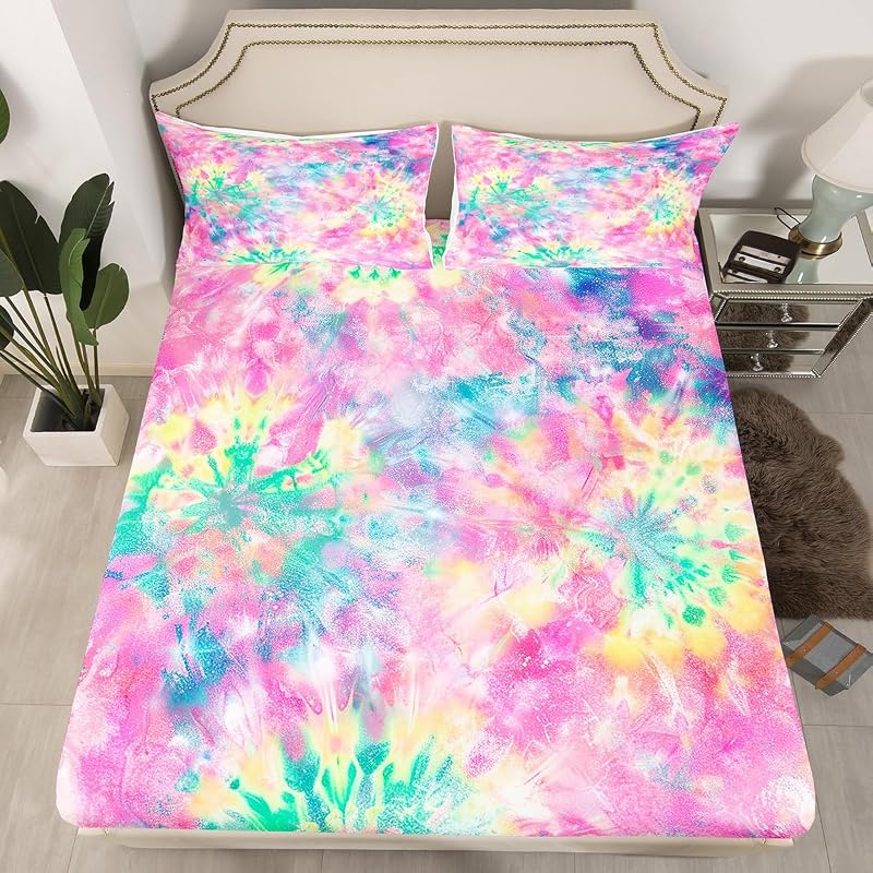 Kids Tie Dye Pink Bed Sheet Set 4 Pcs Queen – Deep Pocket Fitted Sheets Included, Boho Batik Sheeting