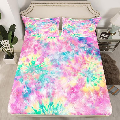 Kids Tie Dye Pink Bed Sheet Set 4 Pcs Queen – Deep Pocket Fitted Sheets Included, Boho Batik Sheeting
