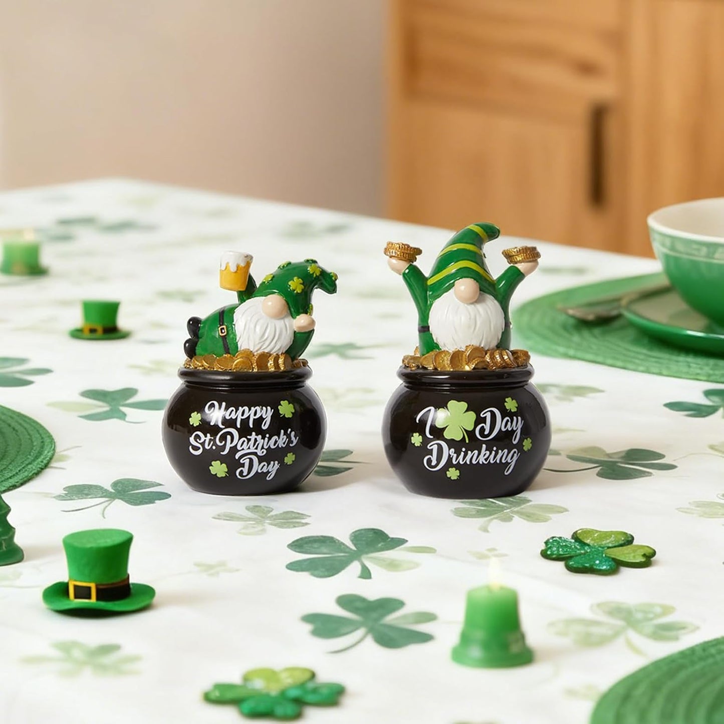 WDS WONDROUS St. Patrick's Day Gnome Figurines - Lucky Pot of Gold Decor | 2-Piece Green Resin Set