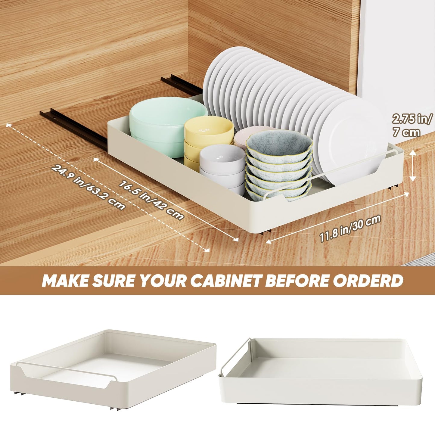 Pull Out Cabinet Organizer Fixed With Adhesive Nano Film, Slide Out Drawers for Kitchen Cabinets, Roll out Shelf Storage for Kitchen Base Cabinet Organization, 11.8" W x16.5 D x 2.75" H