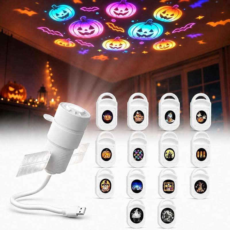 Halloween Projector Lights Indoor – Plug & Play with 14 Films, HD Glass & Color Films