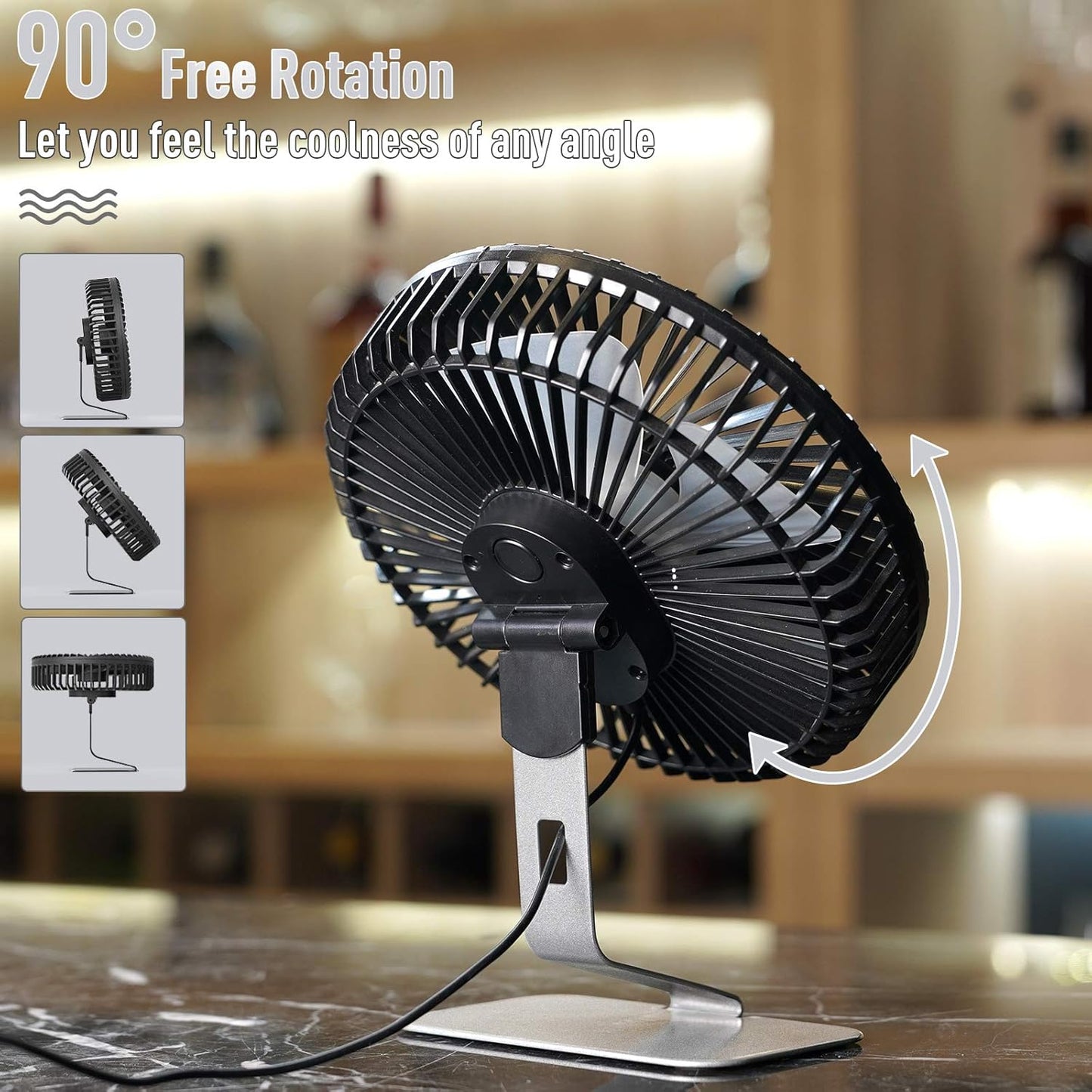 SLENPET USB Small Desk Fan - 6 Inch, Ultra-Quiet, 4 Speeds, 90° Adjustable, Portable Metal Base - Silver