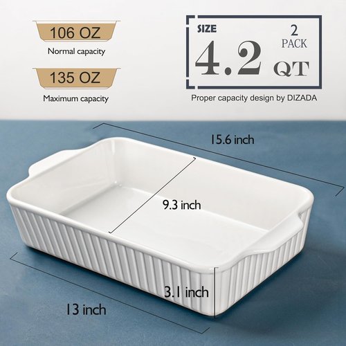 Dizada Casserole Dish Set of 2 - Deep 4.2 Qt Porcelain Bakeware with Lids | Oven & Microwave Safe