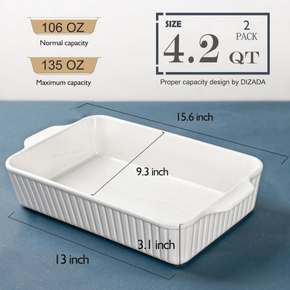 Dizada Casserole Dish Set of 2 - Deep 4.2 Qt Porcelain Bakeware with Lids | Oven & Microwave Safe