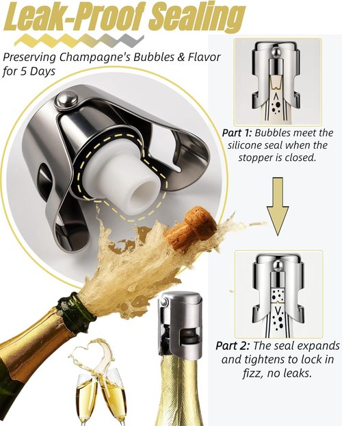 4Pack Champagne Stoppers with Stainless Steel, Champagne Saver with Food Grade Silicone Leak Proof, Suitable for Champagne, Cava, Prosecco, Sparkling Wine